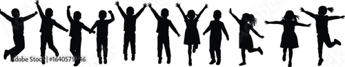 Silhouette of happy children jumping, playing together, black vector illustration, kids fun activity, childhood joy, friendship, outdoor play, celebration, carefree moments