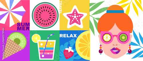 Pretty women, summer girl in cartoon style concept design, modern abstract background Vector cute flat illustration