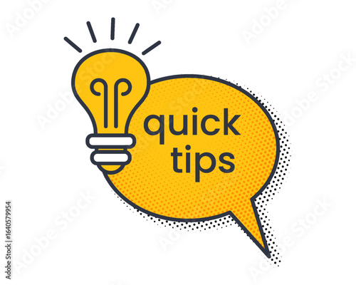 Bright yellow light bulb and speech bubble with text for quick tips or advice. Great for banner, sticker, or helpful business icon template. Clean vector design with a modern look