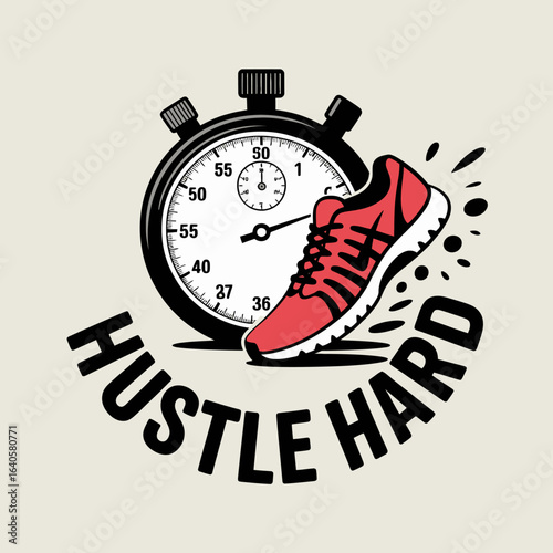 Dynamic illustration of a red running shoe mid stride superimposed over a vintage stopwatch with the motivational phrase hustle hard emblazoned beneath