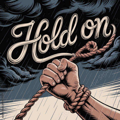 A strong clenched fist tightly grips a thick rope symbolizing resilience and determination against a dark stormy sky with the word hold on written in distressed lettering