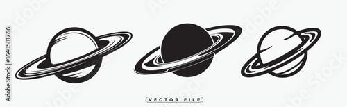 Black and white vector illustrations of Saturn planet with ring system variations