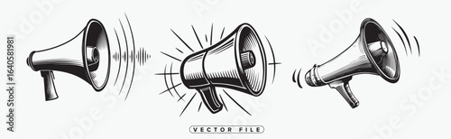 Hand drawn megaphone illustrations set with sound waves and motion effects
