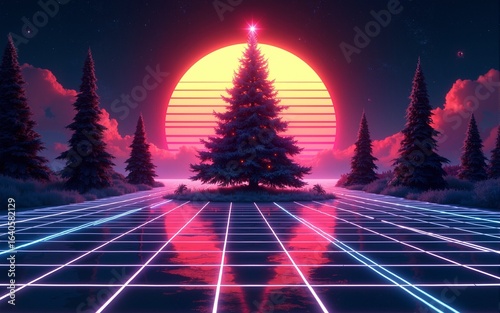 An 80s and 90s retro-futurism scene with a cyber grid, a Christmas tree set against a retro sunset, and a universe background with a synthwave wireframe net. High quality