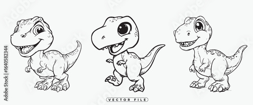 Set of cartoon Tyrannosaurus Rex dinosaurs in various poses and expressions