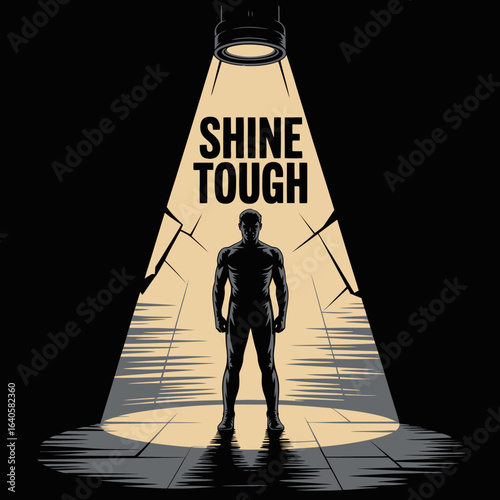 Dramatic silhouette of a resilient figure standing under a spotlight with 'shine tough' text inspiring strength and perseverance vector