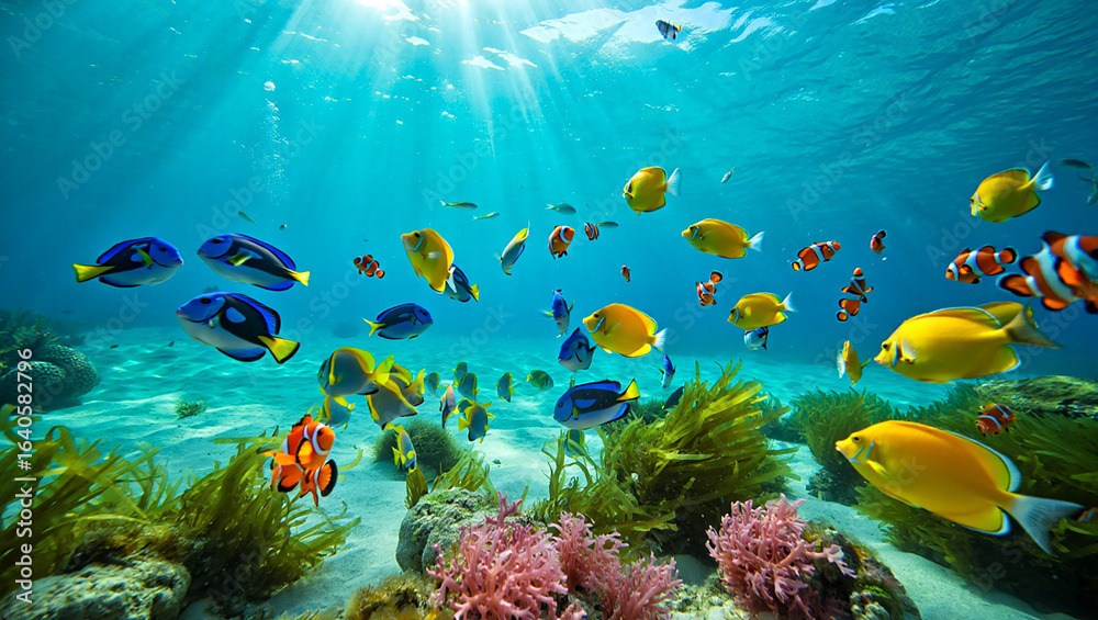 Naklejka premium Vibrant underwater scene with colorful tropical fish swimming among coral reefs and seaweed