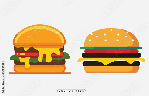 Colorful illustrations of cheeseburgers with various toppings on a white background