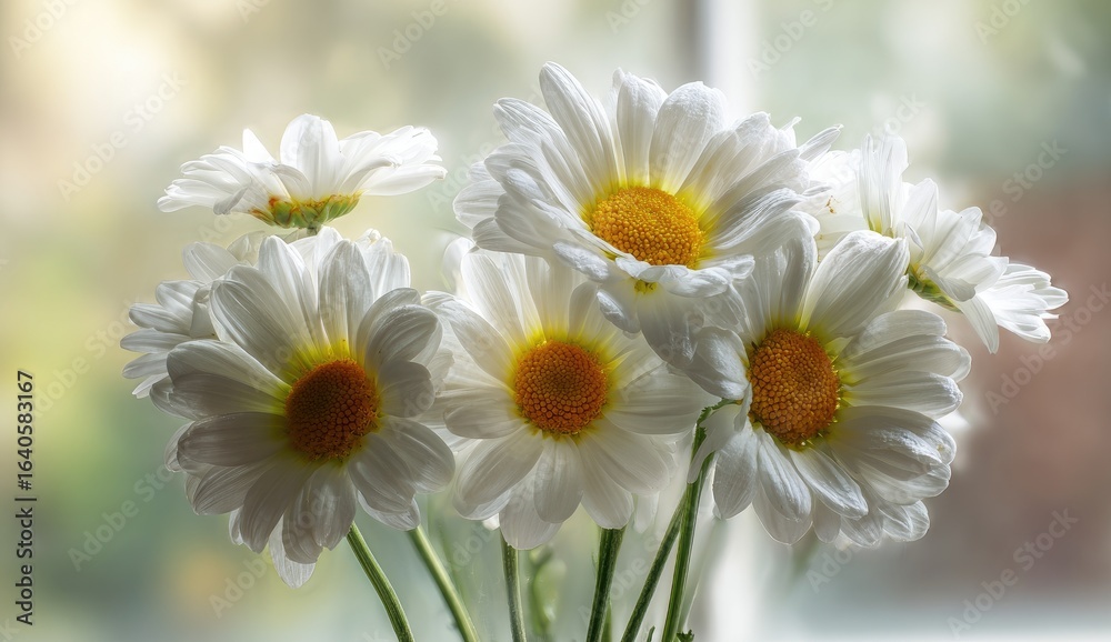 Obraz premium White daisies bouquet, window light, garden view, peaceful scene, home decor