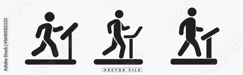 Set of Simple Black Silhouette Icons of People Running on Treadmills