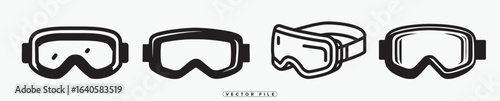 Set of various diving and skiing goggles illustrated in black and white