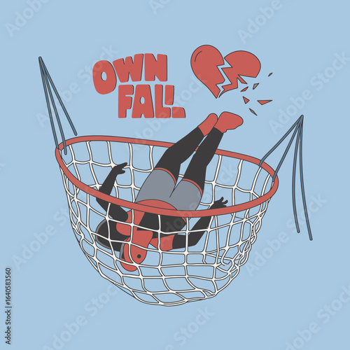 Humorous illustration of a person falling into a basketball hoop with broken heart symbols and the text own goal above representing a personal failure or setback