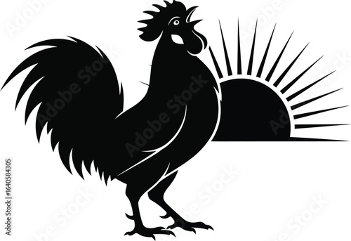 Silhouette of a rooster crowing at sunrise, a vintage style illustration perfect for farm themed designs, logos, or representing the start of a new day