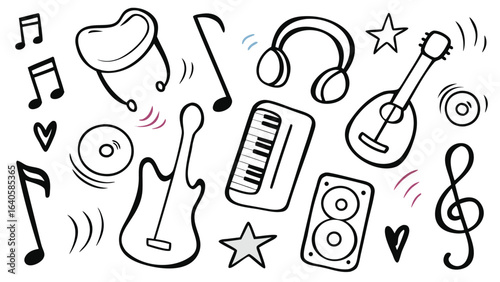 Collection of musical instruments and symbols including guitar piano and music notes in doodle style