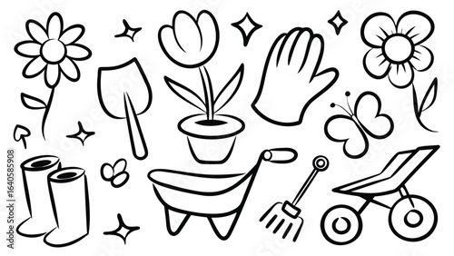 Outlined garden tools and plants including flowers, wheelbarrow, and gardening gloves illustration