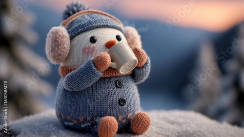 Cute snowman toy with mug in winter scene. Cozy knitted plush character on snowy background. Holiday decor, Christmas gift idea for kid. Festive animation concept.