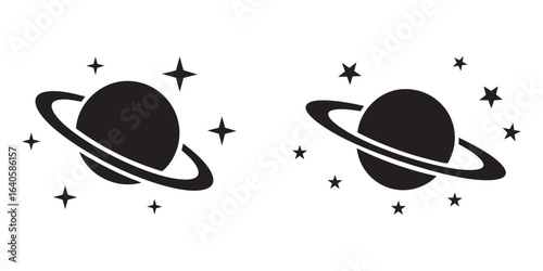 Saturn Planet with Rings Vector Icon and Stars Silhouette