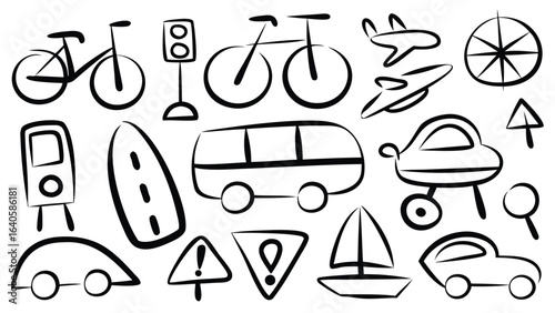 Illustration of various modes of transportation including cars, bicycles, planes and more in black and white