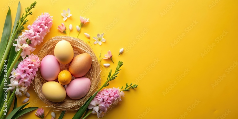Fototapeta premium Pastel Easter eggs nestled in a straw bird's nest surrounded by delicate spring hyacinths and blossoms on a vibrant yellow background
