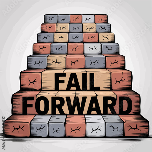 Fail forward motivational concept with text on wooden blocks forming a staircase symbolizing progress through overcoming setbacks and learning from mistakes