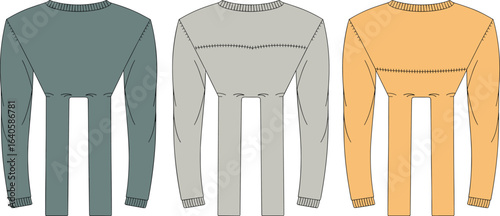 Flat vector illustration of three back view sweatshirts, color variations, long sleeve casual top, fashion technical sketch design template
