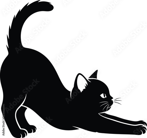A silhouette of playful cat stretches its body, arching its back and extending its paws, a cute and flexible feline, a charming vector illustration of a domestic pet