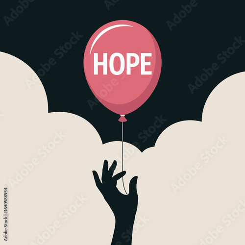 A single pink balloon with the word hope written on it floats upwards against a dark sky held by a silhouetted hand emerging from soft clouds symbolizing aspiration and optimism