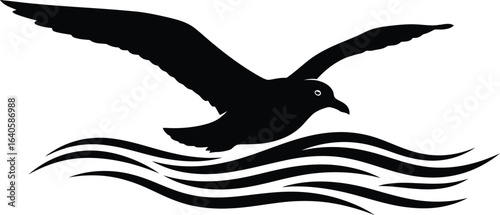 A silhouette of graceful seagull soars above the waves, its wings catching the wind, a symbol of freedom and the sea, a serene vector illustration of coastal wildlife