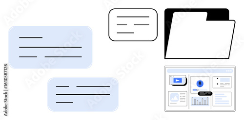 Documents, text boxes, folder, and digital interface representing organization, data management, productivity, or communication. Ideal for workflow, cloud storage software UX office tasks digital