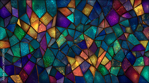 Stained glass texture with mosaic patterns in jewel tones
