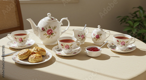 Wallpaper Mural Elegant Rose Tea Set Afternoon Tea with Scones and Jam, Perfect for a Relaxing Moment Torontodigital.ca