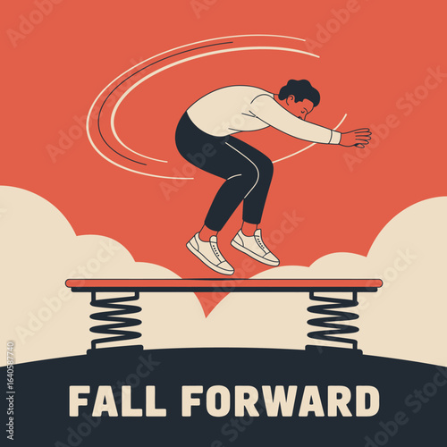 Dynamic illustration of a person in mid air jumping forward with determination and momentum symbolizing progress and overcoming challenges with a retro aesthetic