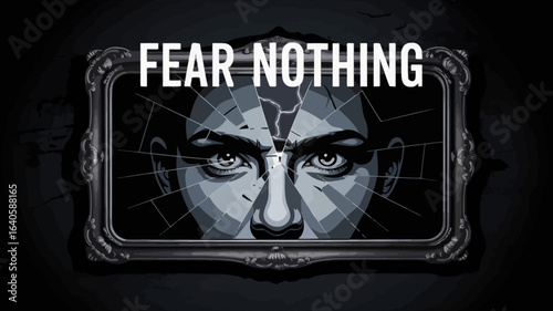 Intense close up portrait of a person with piercing eyes reflected in a cracked ornate frame conveying a message of courage and resilience against adversity