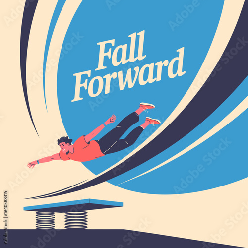 Dynamic illustration of a man in mid air leaping forward from a springboard with a sense of motion and energy against a bold abstract background with swooping lines and a large blue circle