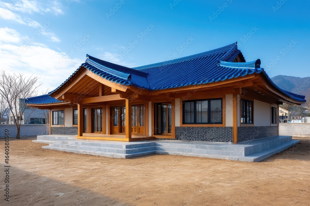Traditional asian style house with blue roof. Traditional asian style house with blue roof.
