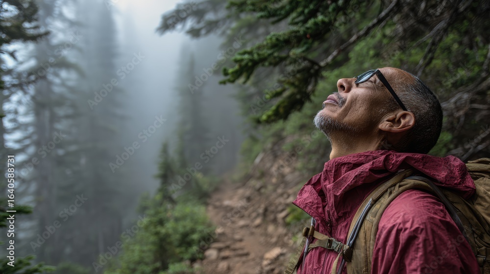 Naklejka premium A man gazes at the misty forest while hiking, reflecting on nature's beauty and tranquility in a serene environment.