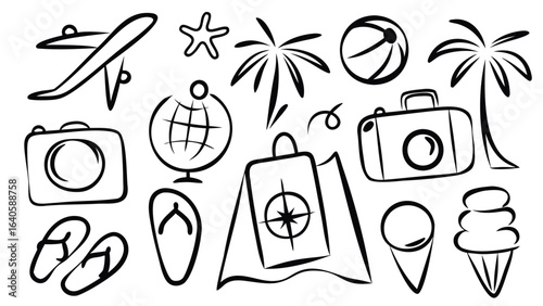 Collection of travel related doodles including airplane camera globe and beach accessories in black outline
