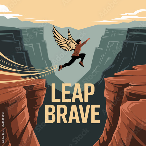 A person with feathered wings leaps courageously across a vast canyon embodying bravery ambition and the pursuit of dreams against a dramatic landscape