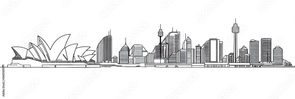 Obraz premium Sydney city skyline one line drawing with iconic landmarks including Sydney Opera House and modern skyscrapers minimalistic flat vector illustration detailed urban architecture silhouette