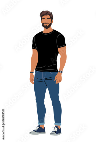 Stylish bearded man in black tshirt, jeans standing full length front view. Casual male character. Flat vector illustration Isolated on transparent background