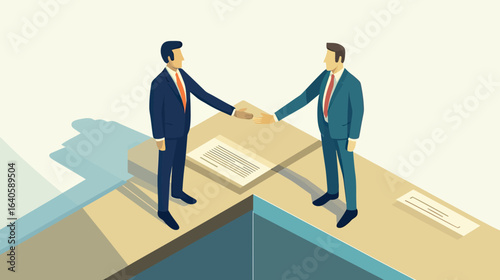 Two businessmen shaking hands over signed contract documents on abstract platform symbolizing successful business agreement and partnership in flat isometric vector style