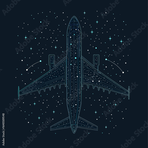 Top view of digital airplane silhouette composed of stars and constellations on dark night sky background for aviation and space concept design vector illustration