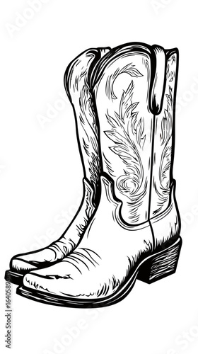 Detailed black and white line art of single cowboy boot with intricate western pattern, stirrup, and stacked heel in minimalist vector style illustration for country fashion accessory design