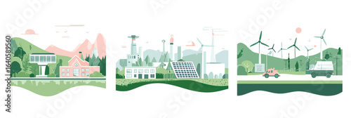 Sustainable energy concepts with green agriculture farm solar panels modern electric power plant wind turbines eco friendly transportation landscape vector illustration