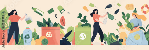 Women recycling plastic waste sorting garbage bins eco friendly sustainable lifestyle concept flat vector illustration