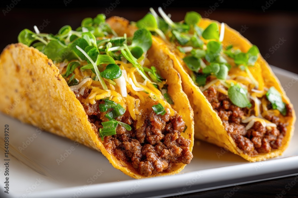 Two beef tacos with toppings. Two beef tacos with toppings.
