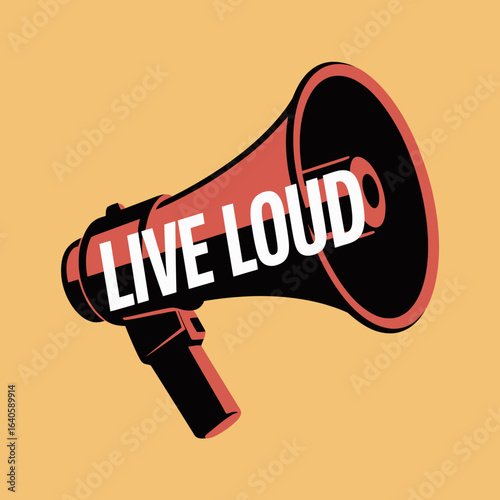 Bold megaphone with the words live loud emblazoned across its bell symbolizing powerful communication advocacy and making a statement with vibrant colors and a vintage aesthetic