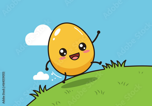 Cute Golden Egg Character Running Down a Hill in a Cartoon Illustration