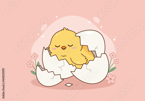 Cute baby chick hatching from a cracked egg, peacefully sleeping amidst delicate spring flowers and soft pink background.