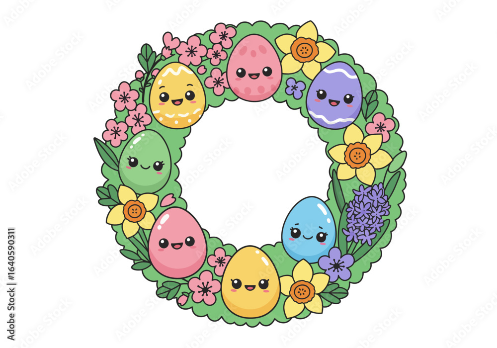 Obraz premium A charming Easter wreath illustration with cute kawaii eggs, spring flowers like daffodils and hyacinths on a green leafy frame.